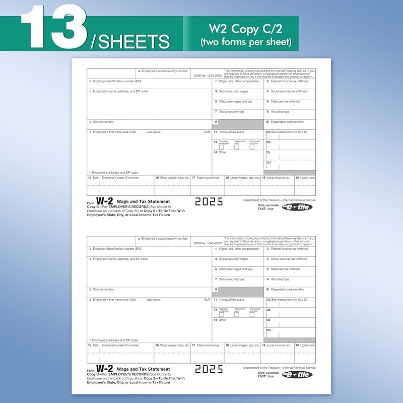 Yeplan W2 Tax Forms 2025 with Envelopes, 4 Part Tax Forms 2025, 25 Employee Kit of Laser Forms with 3 W3, with 25 Self Seal Envelopes - Image 4